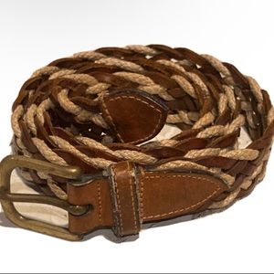 Vintage Woven Leather/Rope Braided Belt Size 44 Classic Brass Buckle Beige/Brown